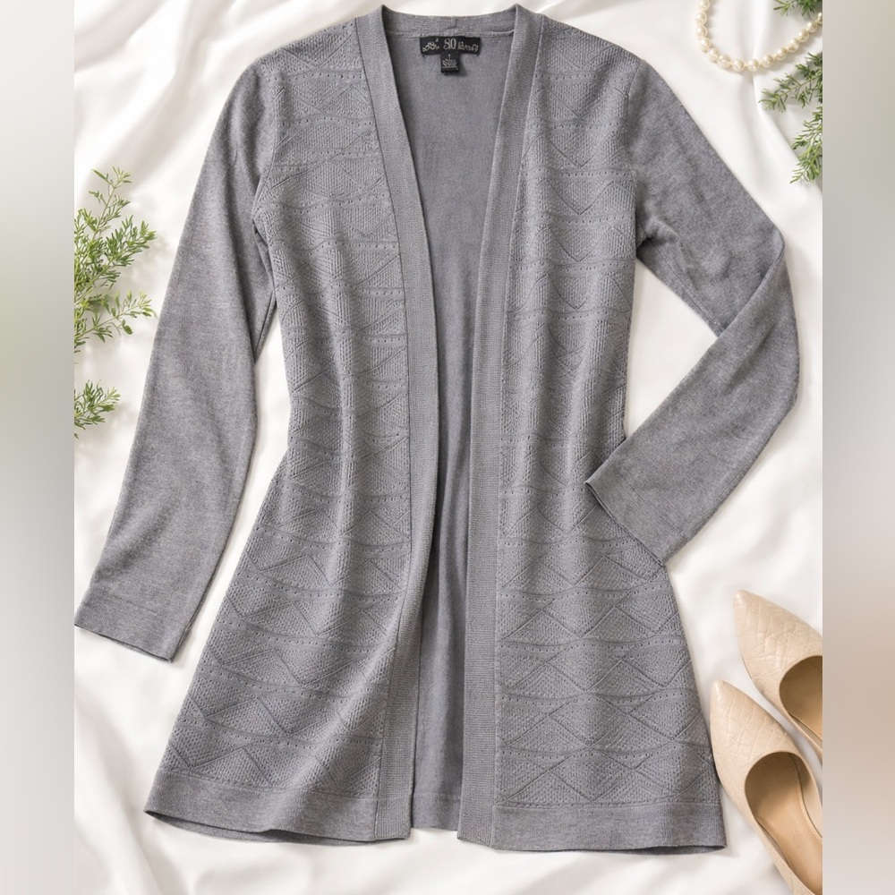 Gray Textured Open-Front Cardigan | Soft Layering Sweater L